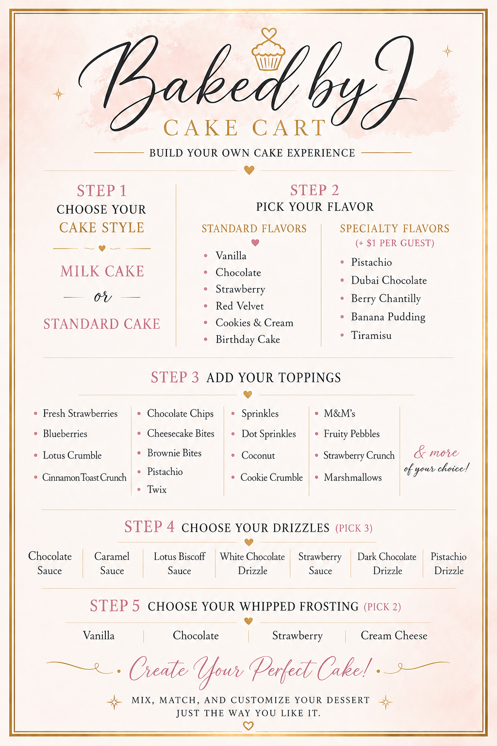 Baked By J Cake Cart menu — cake style, flavors, toppings, drizzles, and whipped frosting options
