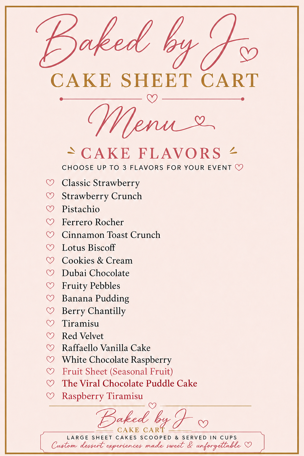 Baked By J Cake Sheet Cart menu with 17 flavor options